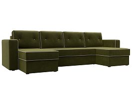 П-образный диван Принстон (полностью микровельвет зеленый, кант микровельвет бежевый) - Фото предпросмотра